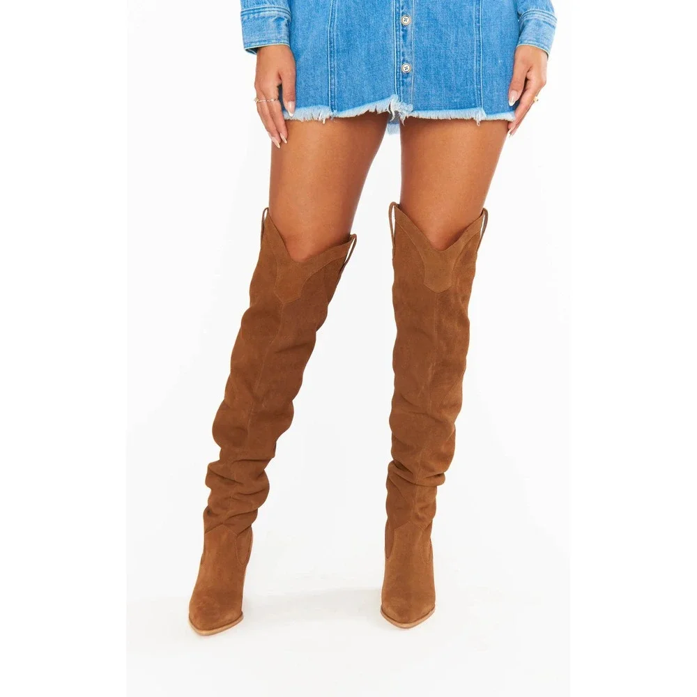 Steve Madden Landy Over The Knee Boots Western Block Heel Chestnut Suede 6.5